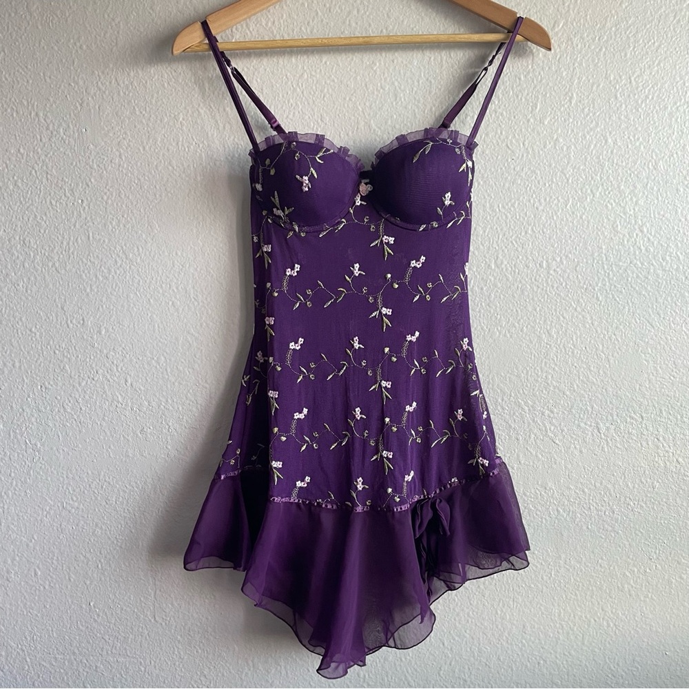 Y2K Fairycore Hillard & Hanson Purple Floral Lace-Trim Chemise